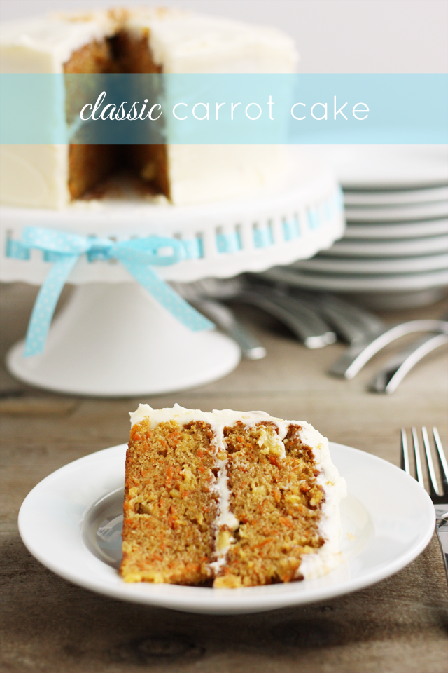This classic carrot cake recipe is my favorite! The cake is loaded with shredded carrots and crushed pineapple, and the whole thing is topped with homemade cream cheese frosting. Delicious!