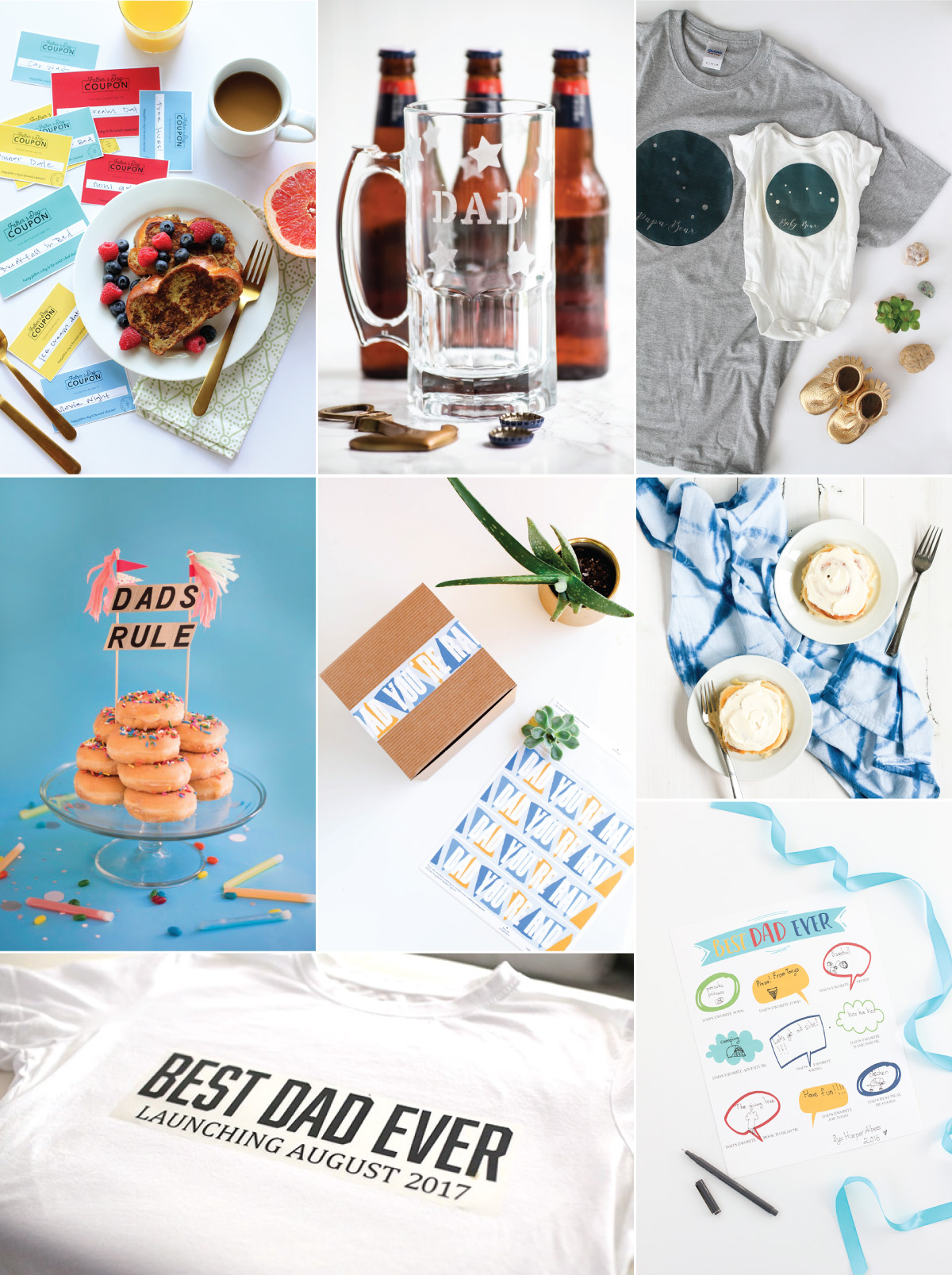 A round-up of fun and fabulous Father's Day ideas, including delicious breakfast-in-bed recipes, easy DIY gift ideas, free printables, and more!