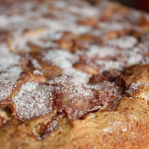This dense, sweet cake is studded with bits of tart apple and topped with cinnamon and sugar.