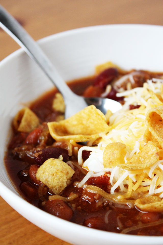 This is our favorite chili! It is simple to throw together, and simmers on the stove all afternoon, making the house smell delicious!