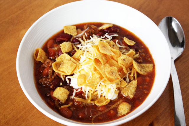 This is our favorite chili! It is simple to throw together, and simmers on the stove all afternoon, making the house smell delicious!