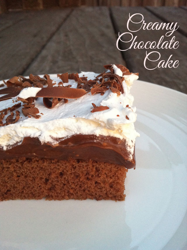 chocolate sheet cake with a creamy chocolate pudding layer on top, followed by sweet whipped cream and chocolate shavings!