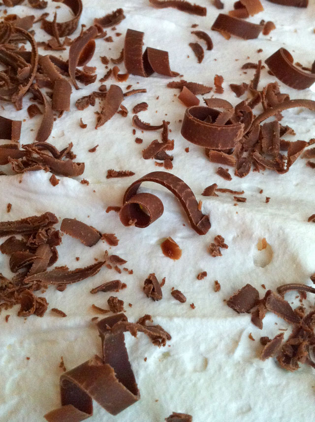 chocolate sheet cake with a creamy chocolate pudding layer on top, followed by sweet whipped cream and chocolate shavings!