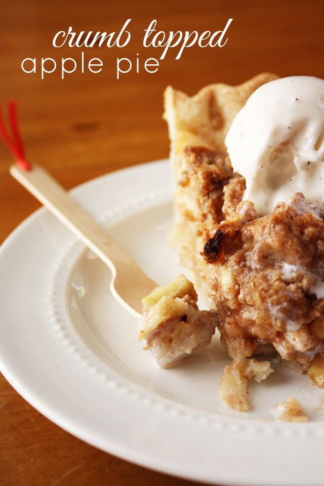 A sweet, crumb-topped apple pie filled with tart, tasty apples and topped with a spicy crumb topping.