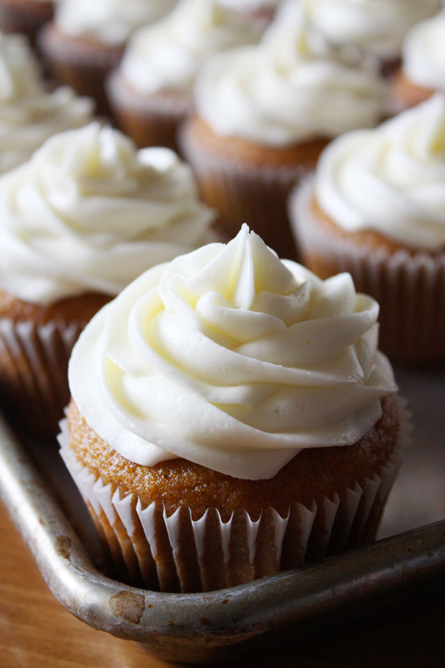 A delicious, classic pumpkin cupcake recipe with cream cheese frosting.