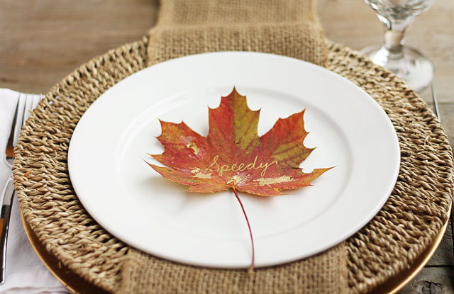 fall place cards made from gorgeous fall leaves touched with gold foil