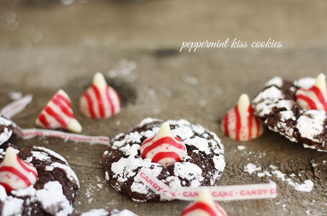 Theses chocolate crinkle cookies have just a hint of peppermint in them before they're rolled in powdered sugar and topped with a peppermint kiss!