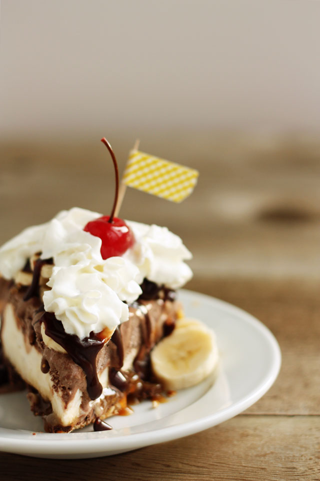 This pretzel-crusted banana split ice cream pie is an easy and decadent summer dessert!