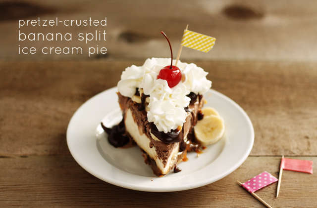 This pretzel-crusted banana split ice cream pie is an easy and decadent summer dessert!