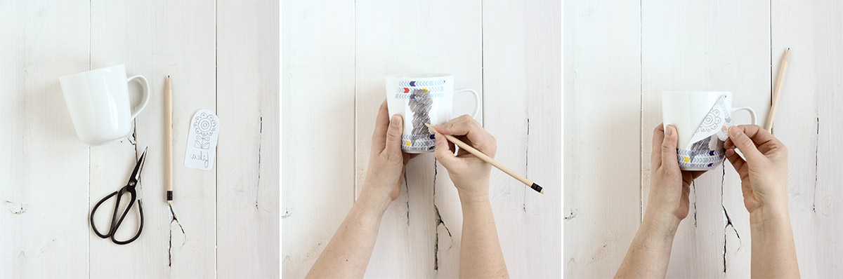 Printing intricate designs on these mugs by hand is easy thanks to a super simple image transfer technique!