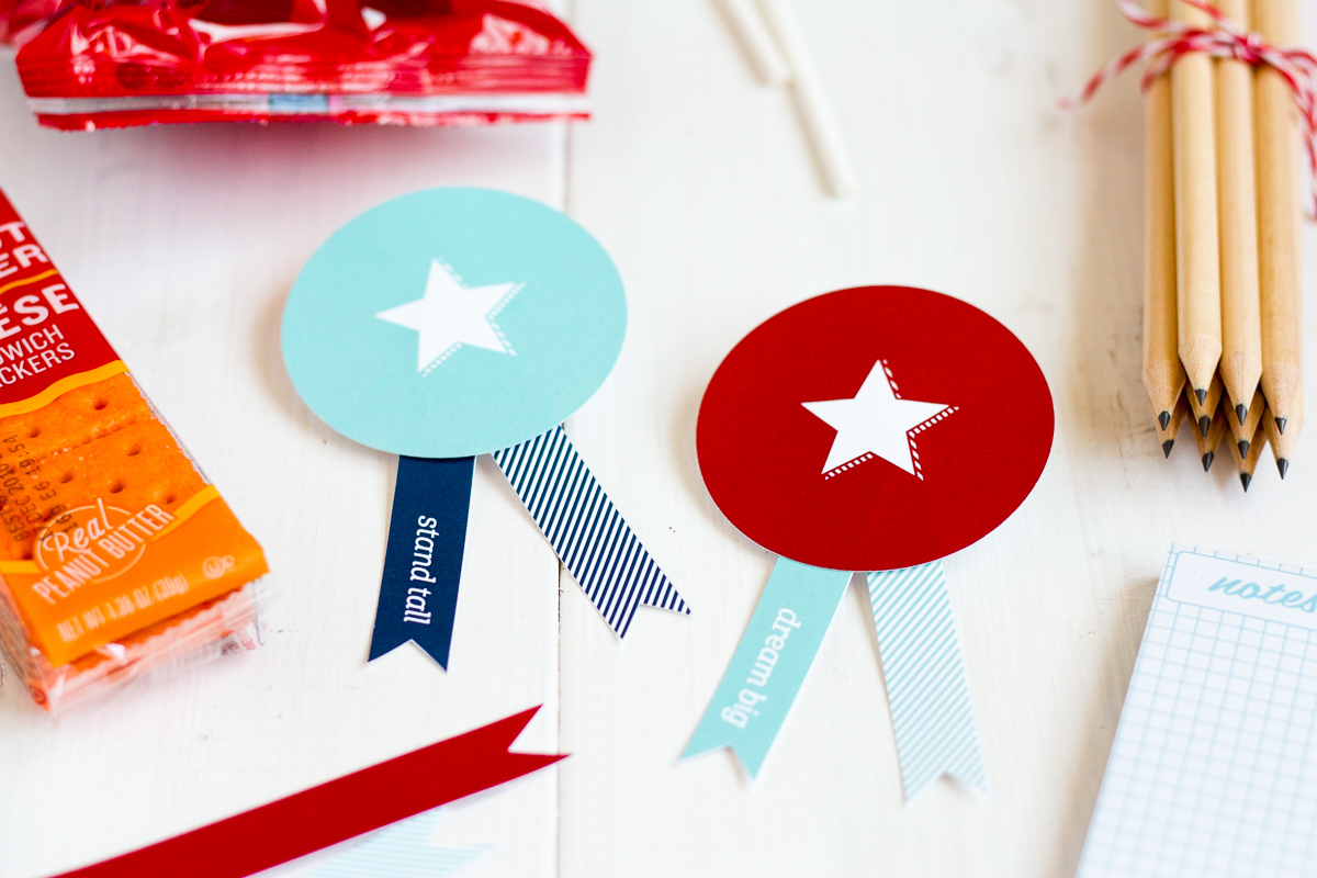 You can make these cute badges for your very own back-to-school care package!