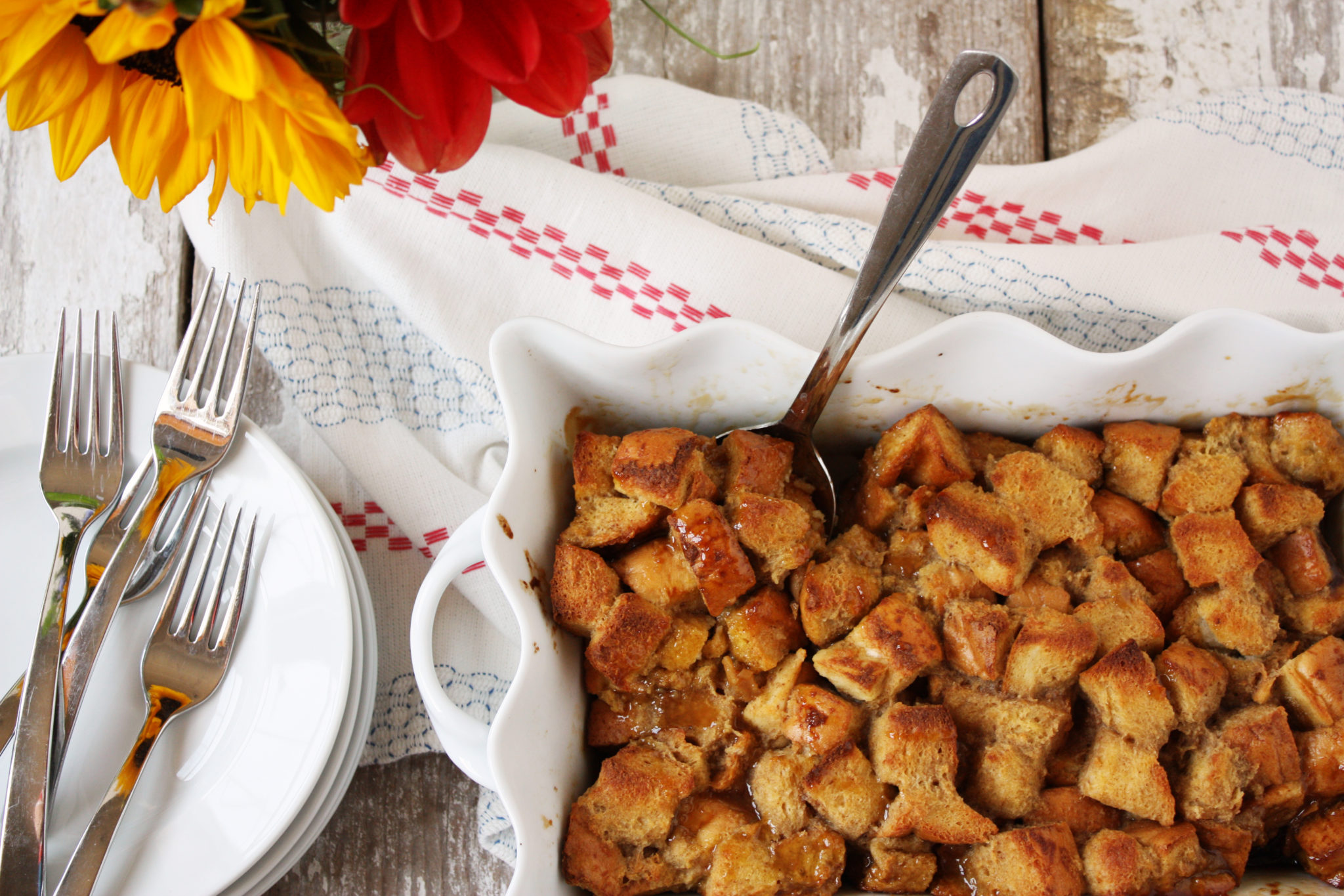 The easy, overnight french toast casserole has a layer of tart apples and buttery caramel sauce at the bottom!