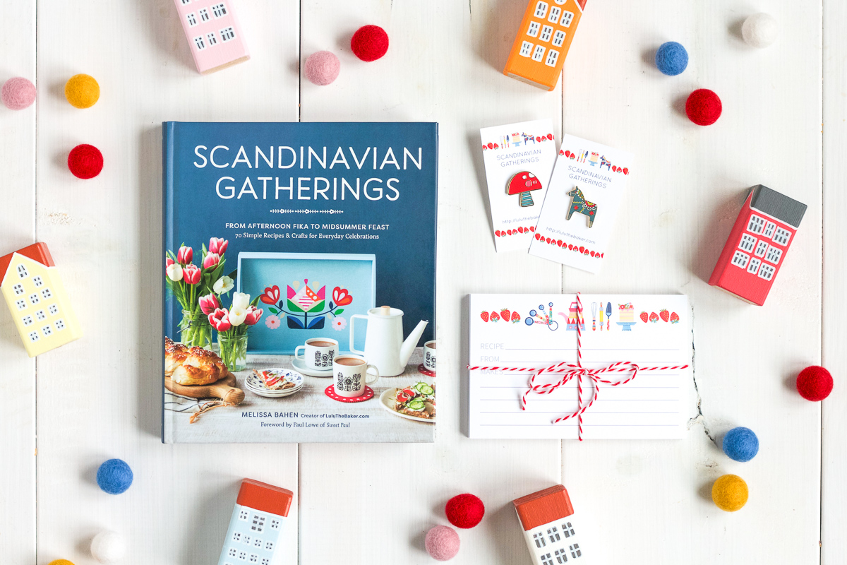 Scandinavian Gatherings recipe cards, Toadstool and Dala Horse enamel pins, available from Lulu the Baker's Etsy shop