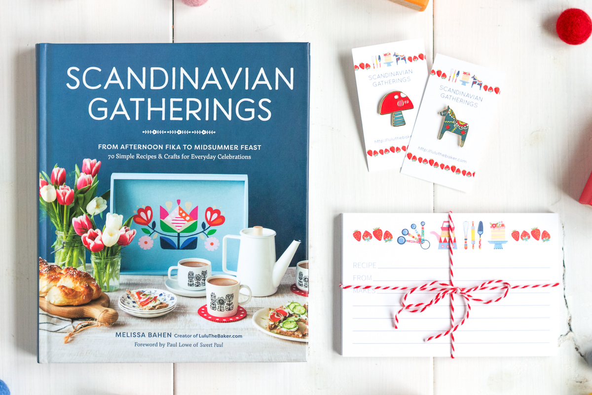 Scandinavian Gatherings recipe cards, Toadstool and Dala Horse enamel pins, available from Lulu the Baker's Etsy shop