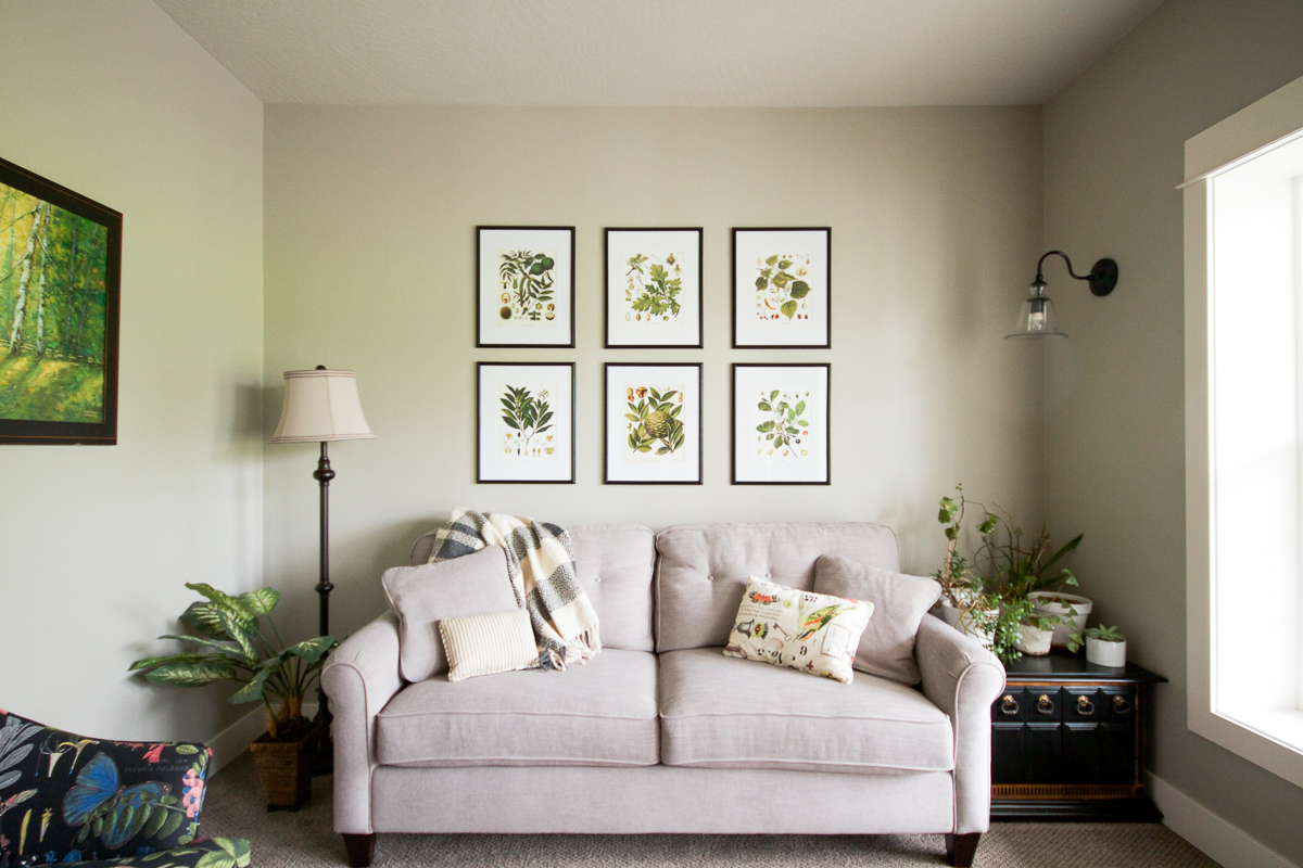 A naturalist living room makeover for the Spring 2017 One Room Challenge | botanical prints, neutrals, and lots of plants