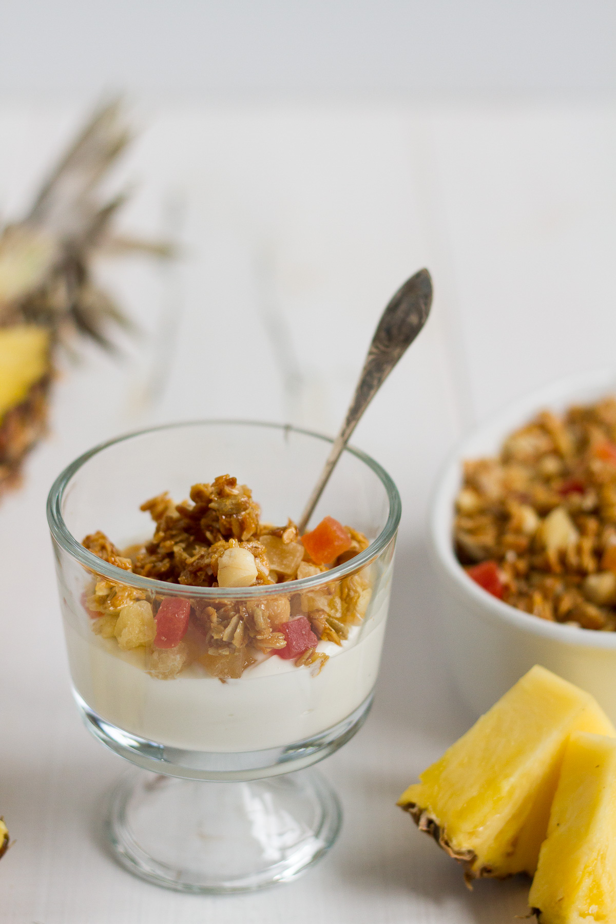 Crunchy homemade tropical granola with oats, sunflower seeds, macadamia nuts, coconut chips, dried tropical fruits likes pineapple, mango, and papaya, lightly sweetened with honey and brown sugar.