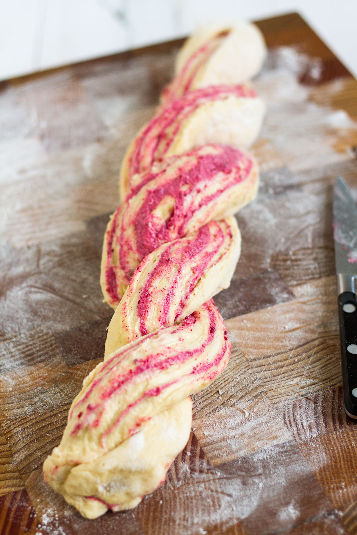 A classic brioche dough with raspberry swirled throughout, topped with a sticky sugar syrup and crushed, freeze-dried raspberries