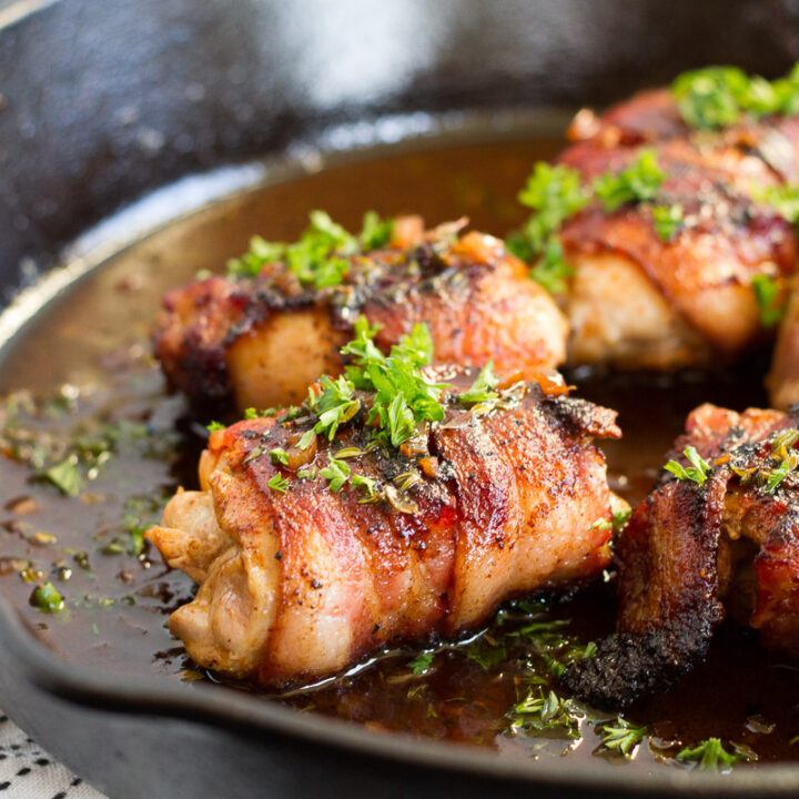 Bacon-Wrapped Chicken Thighs with Apple Cider Pan Sauce