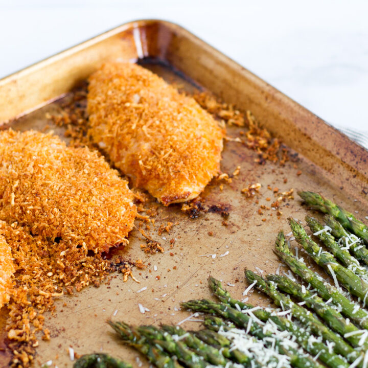 sheet pan crispy parmesan chicken with asparagus