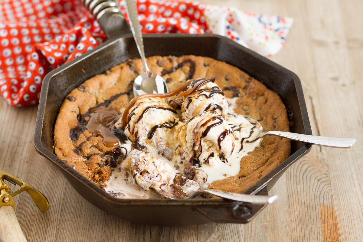 delicious skillet chocolate chip cookie with ice cream