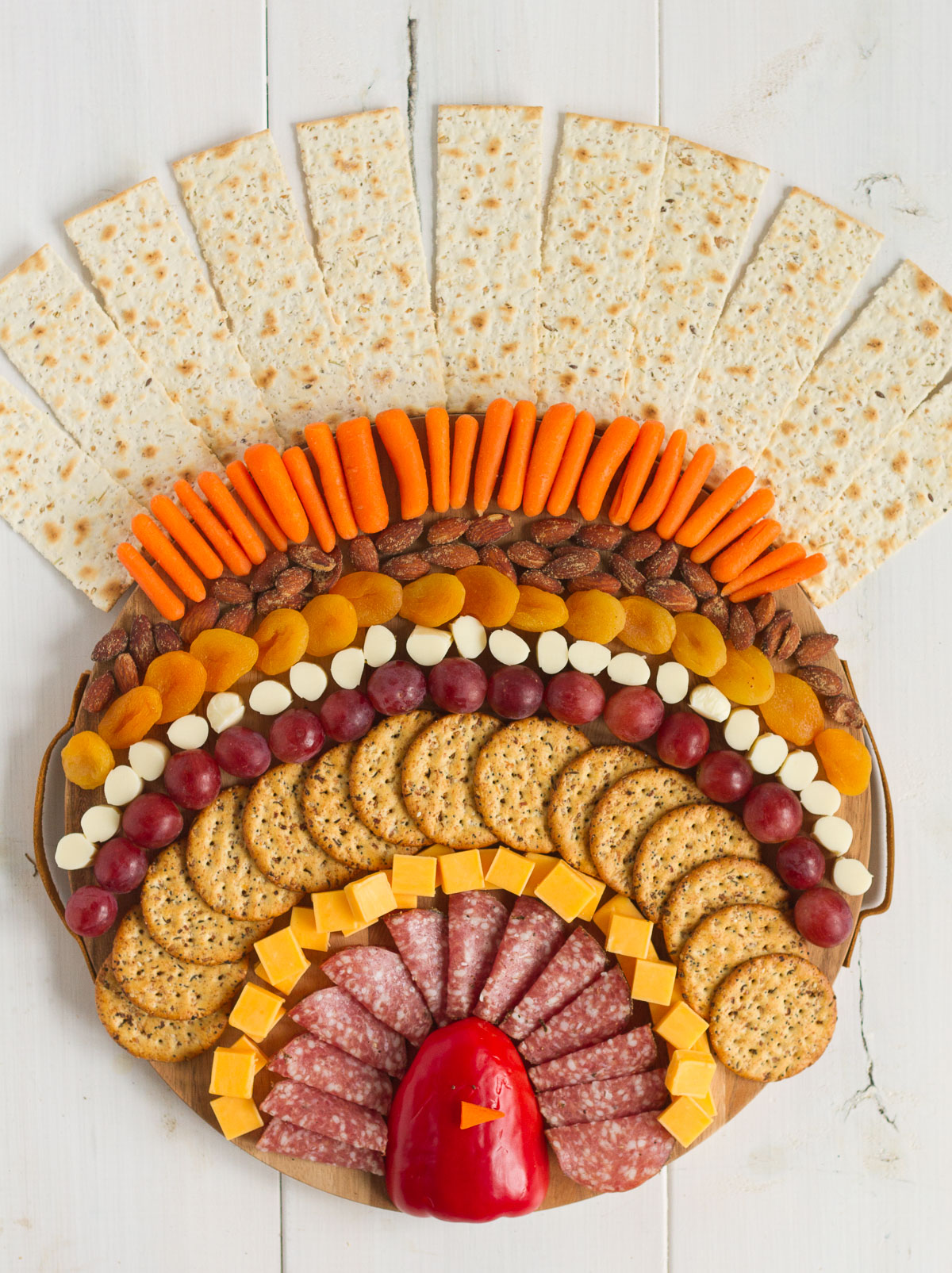 A Thanksgiving turkey charcuterie board with all your favorite snacks.